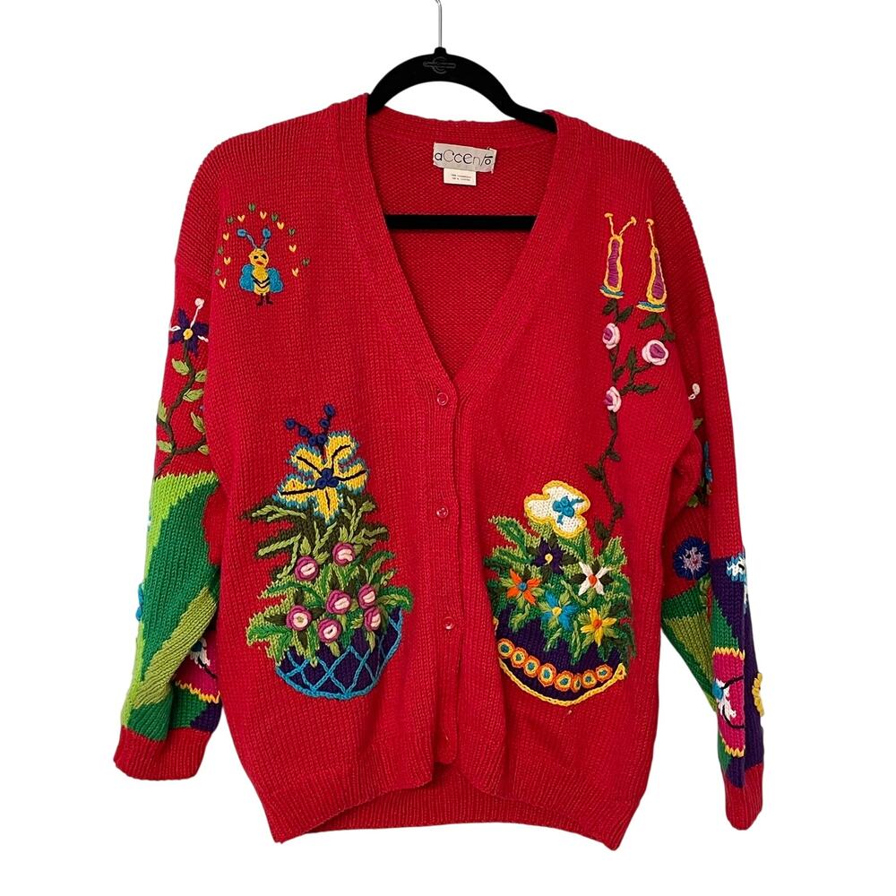 Vtg Accento Cardigan Teacher Grannycore Flowers Embroidered Novelty Red L?